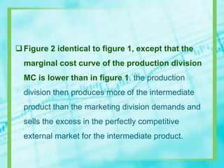 Figure 2 identical to figure 1, except that the
marginal cost curve of the production division
MC is lower than in figure 1. the production
division then produces more of the intermediate
product than the marketing division demands and
sells the excess in the perfectly competitive
external market for the intermediate product.
 