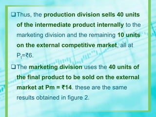 Thus, the production division sells 40 units
of the intermediate product internally to the
marketing division and the remaining 10 units
on the external competitive market, all at
Pt=₹6.
The marketing division uses the 40 units of
the final product to be sold on the external
market at Pm = ₹14. these are the same
results obtained in figure 2.
 