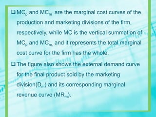 MCp and MCm are the marginal cost curves of the
production and marketing divisions of the firm,
respectively, while MC is the vertical summation of
MCp and MCm, and it represents the total marginal
cost curve for the firm has the whole.
The figure also shows the external demand curve
for the final product sold by the marketing
division(Dm) and its corresponding marginal
revenue curve (MRm).
 