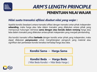 ARM’S LENGTH PRINCIPLE
PENENTUANNILAI WAJAR
Nilai suatu transaksi afiliasi disebut nilai yang wajar :
Apabila kondisi (keadaan) antara transaksi afiliasi dengan transaksi antar pihak independen
sebanding, maka harga atau laba dalam transaksi yang dilakukan antara pihak yang
mempunyai hubungan istimewa sama dengan atau berada dalam rentang harga atau
laba dalam transaksi yang dilakukan antara pihak independen yang menjadi pembanding
Jika kondisi transaksi afiliasi berbeda dengan kondisi antar pihak yang independen, maka
dapat dilakukan penyesuaian untuk menghilangkan pengaruh yang material atau
signifikan dari perbedaan kondisi tersebut terhadap harga atau laba.
Kondisi Sama → Harga Sama
Kondisi Beda → Harga Beda
( Nilai Beda Kondisi = Nilai Beda Harga )
 
