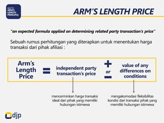 Arm’s
Length
Price
independent party
transaction’s price
value of any
differences on
conditions
or
mencerminkan harga transaksi
ideal dari pihak yang memiliki
hubungan istimewa
mengakomodasi fleksibilitas
kondisi dari transaksi pihak yang
memiliki hubungan istimewa
“an expected formula applied on determining related party transaction’s price”
Sebuah rumus perhitungan yang diterapkan untuk menentukan harga
transaksi dari pihak afiliasi :
ARM’S LENGTH PRICE
 