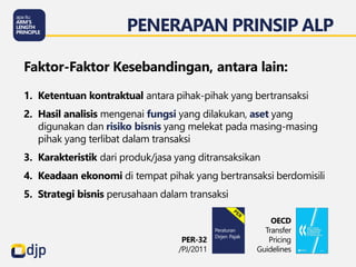 1. Ketentuan kontraktual antara pihak-pihak yang bertransaksi
2. Hasil analisis mengenai fungsi yang dilakukan, aset yang
digunakan dan risiko bisnis yang melekat pada masing-masing
pihak yang terlibat dalam transaksi
3. Karakteristik dari produk/jasa yang ditransaksikan
4. Keadaan ekonomi di tempat pihak yang bertransaksi berdomisili
5. Strategi bisnis perusahaan dalam transaksi
Faktor-Faktor Kesebandingan, antara lain:
PENERAPAN PRINSIP ALP
OECD
Transfer
Pricing
Guidelines
PER-32
/PJ/2011
 