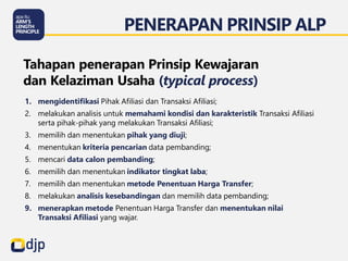 1. mengidentifikasi Pihak Afiliasi dan Transaksi Afiliasi;
2. melakukan analisis untuk memahami kondisi dan karakteristik Transaksi Afiliasi
serta pihak-pihak yang melakukan Transaksi Afiliasi;
3. memilih dan menentukan pihak yang diuji;
4. menentukan kriteria pencarian data pembanding;
5. mencari data calon pembanding;
6. memilih dan menentukan indikator tingkat laba;
7. memilih dan menentukan metode Penentuan Harga Transfer;
8. melakukan analisis kesebandingan dan memilih data pembanding;
9. menerapkan metode Penentuan Harga Transfer dan menentukan nilai
Transaksi Afiliasi yang wajar.
Tahapan penerapan Prinsip Kewajaran
dan Kelaziman Usaha (typical process)
PENERAPAN PRINSIP ALP
 