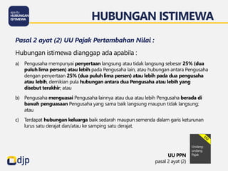 HUBUNGAN ISTIMEWA
UU PPN
pasal 2 ayat (2)
Pasal 2 ayat (2) UU Pajak Pertambahan Nilai :
Hubungan istimewa dianggap ada apabila :
a) Pengusaha mempunyai penyertaan langsung atau tidak langsung sebesar 25% (dua
puluh lima persen) atau lebih pada Pengusaha lain, atau hubungan antara Pengusaha
dengan penyertaan 25% (dua puluh lima persen) atau lebih pada dua pengusaha
atau lebih, demikian pula hubungan antara dua Pengusaha atau lebih yang
disebut terakhir; atau
b) Pengusaha menguasai Pengusaha lainnya atau dua atau lebih Pengusaha berada di
bawah penguasaan Pengusaha yang sama baik langsung maupun tidak langsung;
atau
c) Terdapat hubungan keluarga baik sedarah maupun semenda dalam garis keturunan
lurus satu derajat dan/atau ke samping satu derajat.
 