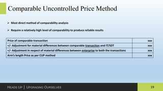 19HEADS UP │ UPGRADING OURSELVES
Comparable Uncontrolled Price Method
 Most direct method of comparability analysis
 Require a relatively high level of comparability to produce reliable results
Price of comparable transaction xxx
+/- Adjustment for material differences between comparable transaction and IT/SDT xxx
+/- Adjustment in respect of material differences between enterprise to both the transactions xxx
Arm’s length Price as per CUP method xxx
 