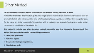 25HEADS UP │ UPGRADING OURSELVES
Other Method
CBDT has notified such other method apart from the five methods already prescribed. It states
“ the Other Method for determination of the arms' length price in relation to an international transaction shall be
any method which takes into account the price which has been charged or paid, or would have been charged or paid,
for the same or similar uncontrolled transaction, with or between non-associated enterprises, under similar
circumstances, considering all the relevant facts.”
This method is typically used where the other methods can not be used (e.g. Managerial Remuneration). The
various data which can be used for comparability purposes are:
 Third party quotations
 Valuation reports
 Documents relating to negotiations,
 Standard rate cards
 