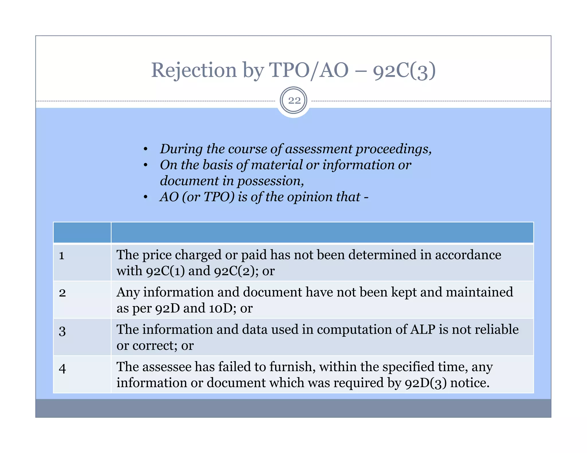 Rejection by TPO/AO – 92C(3)
22

• During the course of assessment proceedings,
• On the basis of material or information or
document in possession,
• AO (or TPO) is of the opinion that -

1

The price charged or paid has not been determined in accordance
with 92C(1) and 92C(2); or

2

Any information and document have not been kept and maintained
as per 92D and 10D; or

3

The information and data used in computation of ALP is not reliable
or correct; or

4

The assessee has failed to furnish, within the specified time, any
information or document which was required by 92D(3) notice.

 