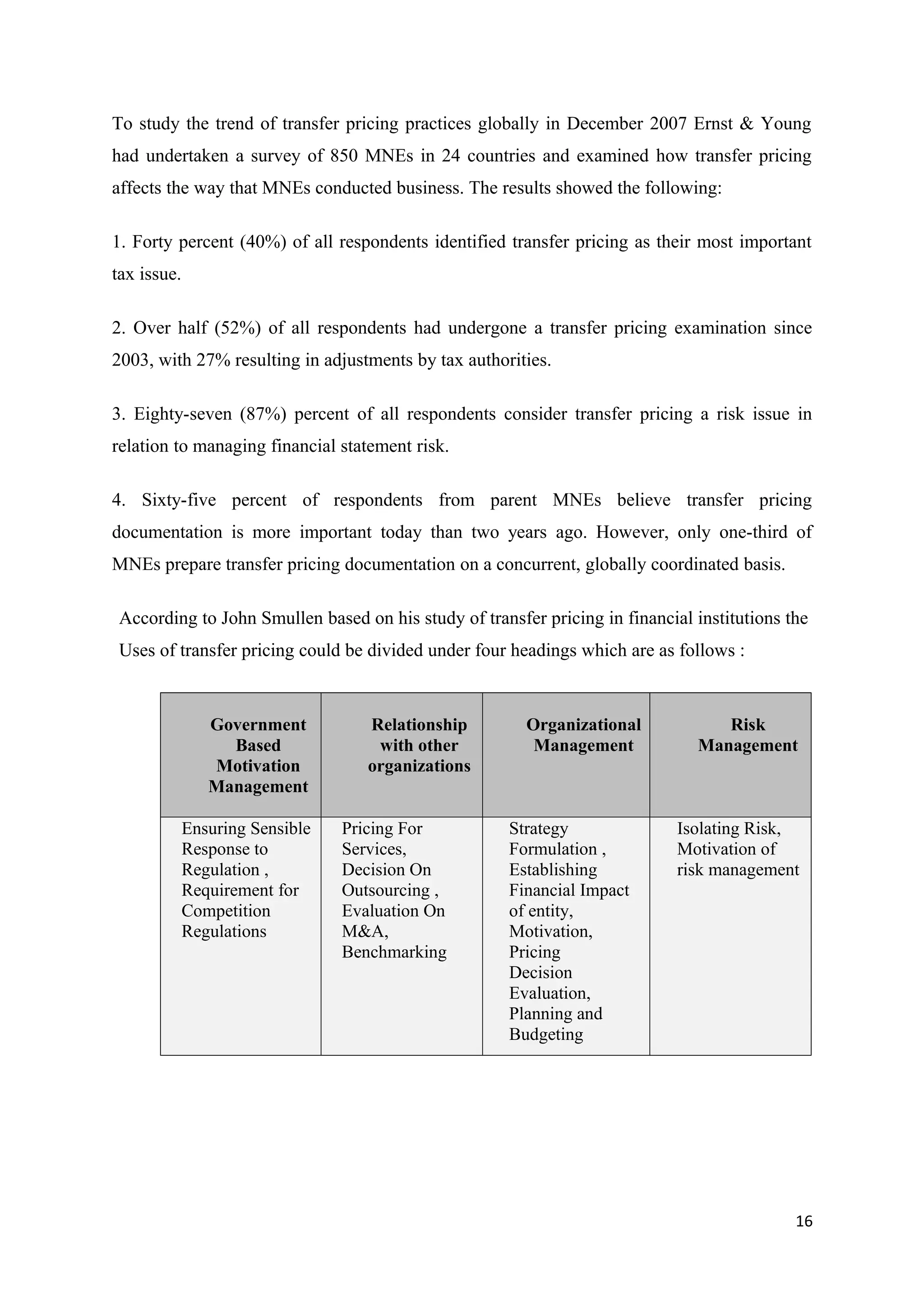 To study the trend of transfer pricing practices globally in December 2007 Ernst & Young
had undertaken a survey of 850 MNEs in 24 countries and examined how transfer pricing
affects the way that MNEs conducted business. The results showed the following:

1. Forty percent (40%) of all respondents identified transfer pricing as their most important
tax issue.

2. Over half (52%) of all respondents had undergone a transfer pricing examination since
2003, with 27% resulting in adjustments by tax authorities.

3. Eighty-seven (87%) percent of all respondents consider transfer pricing a risk issue in
relation to managing financial statement risk.

4. Sixty-five percent of respondents from parent MNEs believe transfer pricing
documentation is more important today than two years ago. However, only one-third of
MNEs prepare transfer pricing documentation on a concurrent, globally coordinated basis.

 According to John Smullen based on his study of transfer pricing in financial institutions the
 Uses of transfer pricing could be divided under four headings which are as follows :


                Government          Relationship        Organizational            Risk
                  Based              with other          Management            Management
                Motivation          organizations
                Management

             Ensuring Sensible   Pricing For          Strategy               Isolating Risk,
             Response to         Services,            Formulation ,          Motivation of
             Regulation ,        Decision On          Establishing           risk management
             Requirement for     Outsourcing ,        Financial Impact
             Competition         Evaluation On        of entity,
             Regulations         M&A,                 Motivation,
                                 Benchmarking         Pricing
                                                      Decision
                                                      Evaluation,
                                                      Planning and
                                                      Budgeting




                                                                                             16
 