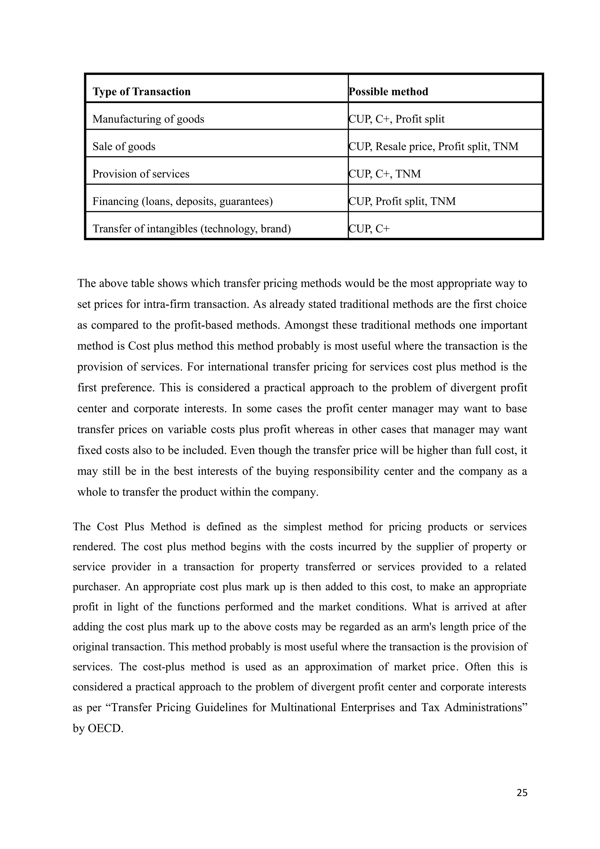 Type of Transaction                                     Possible method

    Manufacturing of goods                                  CUP, C+, Profit split

    Sale of goods                                           CUP, Resale price, Profit split, TNM

    Provision of services                                   CUP, C+, TNM

    Financing (loans, deposits, guarantees)                 CUP, Profit split, TNM

    Transfer of intangibles (technology, brand)             CUP, C+



The above table shows which transfer pricing methods would be the most appropriate way to
set prices for intra-firm transaction. As already stated traditional methods are the first choice
as compared to the profit-based methods. Amongst these traditional methods one important
method is Cost plus method this method probably is most useful where the transaction is the
provision of services. For international transfer pricing for services cost plus method is the
first preference. This is considered a practical approach to the problem of divergent profit
center and corporate interests. In some cases the profit center manager may want to base
transfer prices on variable costs plus profit whereas in other cases that manager may want
fixed costs also to be included. Even though the transfer price will be higher than full cost, it
may still be in the best interests of the buying responsibility center and the company as a
whole to transfer the product within the company.

The Cost Plus Method is defined as the simplest method for pricing products or services
rendered. The cost plus method begins with the costs incurred by the supplier of property or
service provider in a transaction for property transferred or services provided to a related
purchaser. An appropriate cost plus mark up is then added to this cost, to make an appropriate
profit in light of the functions performed and the market conditions. What is arrived at after
adding the cost plus mark up to the above costs may be regarded as an arm's length price of the
original transaction. This method probably is most useful where the transaction is the provision of
services. The cost-plus method is used as an approximation of market price. Often this is
considered a practical approach to the problem of divergent profit center and corporate interests
as per “Transfer Pricing Guidelines for Multinational Enterprises and Tax Administrations”
by OECD.




                                                                                                25
 