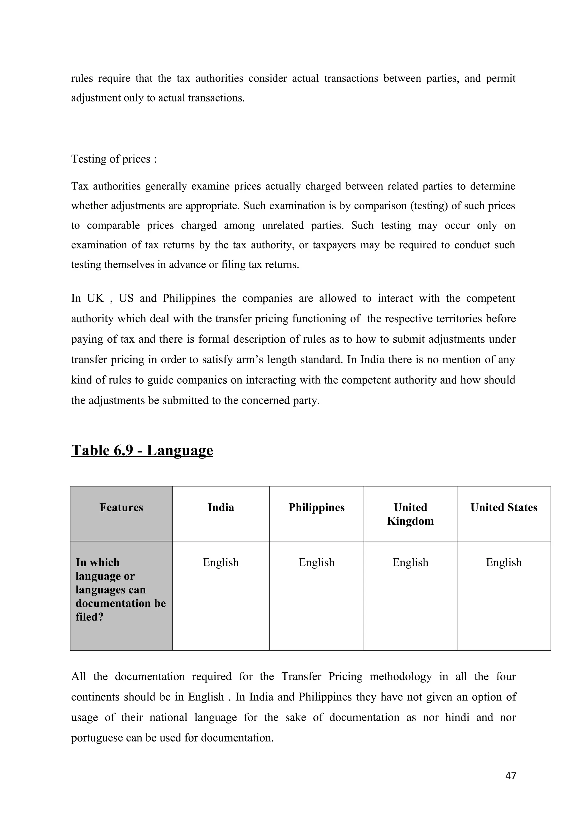 rules require that the tax authorities consider actual transactions between parties, and permit
adjustment only to actual transactions.




Testing of prices :

Tax authorities generally examine prices actually charged between related parties to determine
whether adjustments are appropriate. Such examination is by comparison (testing) of such prices
to comparable prices charged among unrelated parties. Such testing may occur only on
examination of tax returns by the tax authority, or taxpayers may be required to conduct such
testing themselves in advance or filing tax returns.

In UK , US and Philippines the companies are allowed to interact with the competent
authority which deal with the transfer pricing functioning of the respective territories before
paying of tax and there is formal description of rules as to how to submit adjustments under
transfer pricing in order to satisfy arm’s length standard. In India there is no mention of any
kind of rules to guide companies on interacting with the competent authority and how should
the adjustments be submitted to the concerned party.



Table 6.9 - Language


      Features                 India             Philippines        United           United States
                                                                   Kingdom


In which                      English              English          English             English
language or
languages can
documentation be
filed?




All the documentation required for the Transfer Pricing methodology in all the four
continents should be in English . In India and Philippines they have not given an option of
usage of their national language for the sake of documentation as nor hindi and nor
portuguese can be used for documentation.


                                                                                            47
 