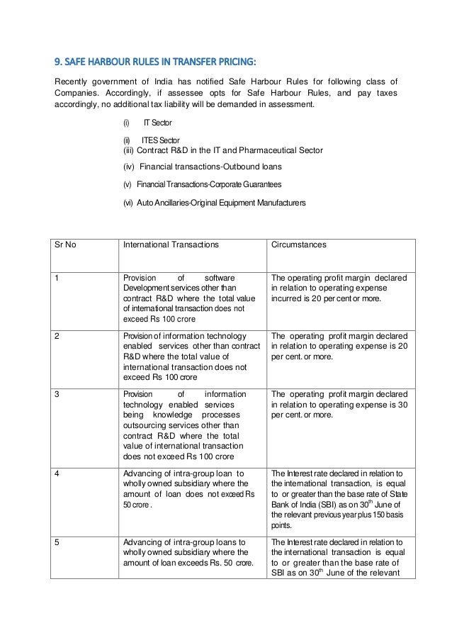 Transfer pricing report guidelines and safe harbour rules