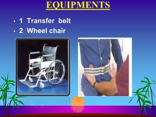 EQUIPMENTS
   1 Transfer belt
   2 Wheel chair
 
