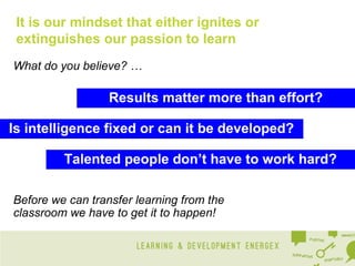It is our mindset that either ignites or
extinguishes our passion to learn
What do you believe? …

Results matter more than effort?
Is intelligence fixed or can it be developed?
Talented people don’t have to work hard?
Before we can transfer learning from the
classroom we have to get it to happen!

 