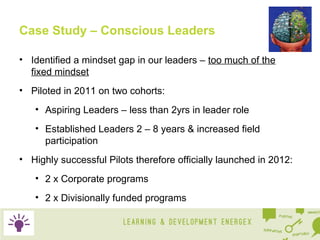 Case Study – Conscious Leaders
• Identified a mindset gap in our leaders – too much of the
fixed mindset
• Piloted in 2011 on two cohorts:
• Aspiring Leaders – less than 2yrs in leader role
• Established Leaders 2 – 8 years & increased field
participation
• Highly successful Pilots therefore officially launched in 2012:
• 2 x Corporate programs
• 2 x Divisionally funded programs

 