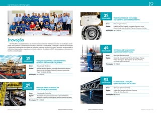 Balanço Social 2017 Balanço Social 2017www.transferro.com.br www.transferro.com.br
NOSSAS PESSOAS
Setor:	 Manutenção Mecânica
Equipe: 	 Alexsandro Gonçalves Casa Grande, Jairo de Medeiros,
Jefferson Cipriano, Luciano Rosa, Samuel Cardoso de Jesus
Premiação: R$ 2.000,00
2ºCOLOCADO MESA DE IMPACTO MODULAR
COM VEDAÇÃO AJUSTÁVEL
Setor: 	 Manutenção Mecânica
Equipe: 	 George Martins Mendes, Leonardo Nascimento Martins,
Maurício Martins Eliseu, Ricardo Francisco Laurentina,
Roger Venâncio da Silva
Premiação: 	R$ 3.000,00
1ºCOLOCADO FIXAÇÃO E CONTROLE DA GEOMETRIA
DA PISTA DA RODA DE CAÇAMBAS
Inovação
Na Transferro os colaboradores são incentivados a promover melhorias e evoluir os resultados da em-
presa. Para melhorar o ambiente de trabalho e estimular a criatividade, é realizado o Prêmio de Inovações
e Melhorias Implementas, que avalia as soluções expostas conforme o custo, benefício, produtividade e
melhorias relacionadas à segurança e ao meio ambiente. Na edição de 2017, cinco equipes se destacaram.
Confira a classificação:
Setor: 	 Operação (Recebimento)
Equipe: 	 Daniel de Araújo Vieira, Dirceu Domingos França,
Felipe Rodrigues, Jean Carlos da Silva Pereira,
Leonardo Saturno Nunes
Premiação: 	R$ 900,00
4ºCOLOCADO RETIRADA DE UMA PAREDE
DA MOEGA FERROVIÁRIA
Setor: 	 Operação (Abastecimento)
Equipe: 	 Eraldo dos Santos, Jefferson Cipriano,
Rafael da Rosa Barcelos
Premiação: R$ 600,00
5ºCOLOCADO
EXTENSÃO DE LAVAÇÃO
EM ESTRUTURAS EM ALTURA
19
Setor: 	 Manutenção Tratores
Equipe: 	 Evanor da Silva Fogaça, Fernando Maynart Lima,
Osmar João Camilo Júnior, Ramon Antunes Mendes
Premiação: 	R$ 1.500,00
3ºCOLOCADO RESERVATÓRIO DE EXPANSÃO
DO SISTEMA DE ARREFECIMENTO
 