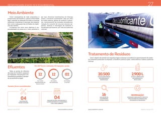 Balanço Social 2017 Balanço Social 2017www.transferro.com.br www.transferro.com.br
Como consequência de visão corporativa, é
compromisso da Transferro, a plena conformidade
legal, traduzida na obtenção de todas as licenças
ambientais necessárias à execução dos projetos,
bem como à adequação das atividades às exigên-
cias dos clientes.
A empresa tem entre seus objetivos a res-
ponsabilidade de preservar o meio ambiente e,
por isso, direciona investimentos em diversas
ações e iniciativas sustentáveis. Seja por meio
de coleta seletiva, gestão de resíduos e efluen-
tes, monitoramento de emissões atmosféricas,
redução do consumo de recursos naturais, pa-
lestras, estimulo à reciclagem de materiais e
fiscalização permanente, por meio de auditorias
internas.
RESPONSABILIDADE SOCIOAMBIENTAL
MeioAmbiente
Efluentes
Todos os pontos de efluentes
das áreas da Transferro passaram
porinspeções, manutenções e mo-
nitoramentos periódicos, atenden-
do aos parâmetros legais.
Em 2017 foram realizadas 26 inspeções, sendo:
Também foram contabilizadas:
NA CAIXA
SEPARADORA DE
ÁGUA E ÓLEO
NA CAIXA
DE GORDURA
NA FOSSA
E FILTRO
12 12 02
04MANUTENÇÕES
NESSES SISTEMAS
04ANÁLISES DE ÁGUA, REFORÇANDO O
COMPROMETIMENTO DA TRANSFERRO
COM O MEIO AMBIENTE
Com o objetivo de atender aos requisitos legais e alcançar a excelência no gerenciamento de resídu-
os e efluentes produzidos na empresa, a Transferro praticou ações, coleta seletiva e realizou auditorias
internas.
27
Tratamento de Resíduos
2.900LDE ÓLEO LUBRIFICANTE
ENCAMINHADOS À
RECICLAGEM
20.500TOALHAS INDUSTRIAIS
ENCAMINHADAS À
HIGIENIZAÇÃO
SEGREGAÇÃO
SEPARAÇÃO ADEQUADA DE TODOS OS
TIPOS DE RESÍDUOS GERADOS NAS
ATIVIDADES DA TRANSFERRO
16AVALIAÇÕES DE
COLORIMETRIA
(FUMAÇA PRETA)
 