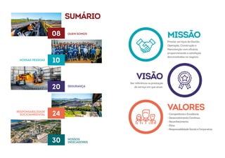 SUMÁRIO
08
20
30
10
24
QUEM SOMOS
SEGURANÇA
NOSSOS
INDICADORES
NOSSAS PESSOAS
RESPONSABILIDADE
SOCIOAMBIENTAL
MISSÃO
Prestar serviços de Gestão,
Operação, Construção e
Manutenção com eficácia,
proporcionando a satisfação
dos envolvidos no negócio.
VALORES
- Competência e Excelência
- Desenvolvimento Contínuo
- Reconhecimento
- Ética
-ResponsabilidadeSocialeCorporativa
VISÃO
Ser referência na prestação
de serviço em que atuar.
 