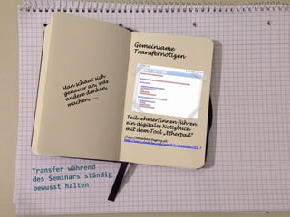Gemeinsa
m
Transfern e
otizen
ich
ut s as
scha
,w
an er an en,
M
au
nk
gen ere de
.
and en, ...
ch
ma

	
  
	
  

	
  

Teilnehm
er/innen
führen
ein digit
ales Noti
zbuch
mit dem
Tool „Eth
erpad“
(http://et
h

http://ww
w

nd	
  
Transfer	
  währe
ändig	
  
es	
  Seminars	
  st
d
	
  
bewusst	
  halten
	
  
	
  

	
  
	
  
	
  

erpad.tu
graz.at;
.youtube
.com/watc
h?v=DAI4
RjH7JDI
)

 