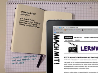 Öffen
tl
schaf ichkeit
fen
z.B. d
u
Komm rch Fotos,
entar
en, W
Beiträ
eblog
ge im
.
Weblo
g verö Projektffentl
ichen
	
  
	
  

	
  

ich	
  
ansfer	
  persönl
Tr
	
  her	
  
und	
  vom	
  Umfeld
vertiefen	
  
	
  
	
  
	
  

 