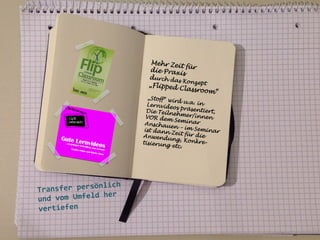 Mehr Zei
t für
die Prax
is
durch das
Konzept
„Flipped
Classroom
“

„Stoff“ wi
rd u.a. in
Lernvide
os
Die Teiln präsentiert,
eh
VOR dem mer/innen
Seminar
Anschau
en – im S
em
ist dann
Zeit für d inar
ie
Anwendu
ng, Konk
retisierung
etc.	
  

	
  
	
  
ich	
  
ansfer	
  persönl
Tr
	
  her	
  
und	
  vom	
  Umfeld
vertiefen	
  
	
  
	
  
	
  

 