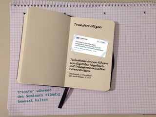 Transfern
otizen

Teilnehm
er/innen
führen
ein digit
ales Tage
buch
mit tran
sferorien
tierten
Erkenntn
i s s en

(Stichwo
rt „E-Port
folio“;
vgl. auch
Besser, S.
74)

nd	
  
Transfer	
  währe
ändig	
  
es	
  Seminars	
  st
d
	
  
bewusst	
  halten
	
  
	
  

	
  
	
  
	
  

 