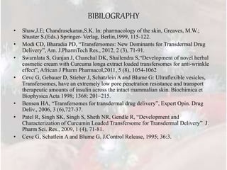 BIBILOGRAPHY
• Shaw,J.E; Chandrasekaran,S.K. In: pharmacology of the skin, Greaves, M.W.;
Shuster S.(Eds.) Springer- Verlag, Berlin,1999, 115-122.
• Modi CD, Bharadia PD, “Transfersomes: New Dominants for Transdermal Drug
Delivery”, Am. J.PharmTech Res., 2012, 2 (3), 71-91.
• Swarnlata S, Gunjan J, Chanchal DK, Shailendra S,“Development of novel herbal
cosmetic cream with Curcuma longa extract loaded transfersomes for anti-wrinkle
effect”, African J Pharm Pharmacol,2011, 5 (8), 1054-1062
• Cevc G, Gebauer D, Stieber J, Schatzlein A and Blume G: Ultraflexible vesicles,
Transfersomes, have an extremely low pore penetration resistance and transport
therapeutic amounts of insulin across the intact mammalian skin. Biochimica et
Biophysica Acta 1998; 1368: 201–215.
• Benson HA, “Transfersomes for transdermal drug delivery”, Expert Opin. Drug
Deliv., 2006, 3 (6),727-37.
• Patel R, Singh SK, Singh S, Sheth NR, Gendle R, “Development and
Characterization of Curcumin Loaded Transfersome for Transdermal Delivery” J.
Pharm Sci. Res., 2009, 1 (4), 71-81.
• Cevc G, Schatlein A and Blume G. J.Control Release, 1995; 36:3.
 