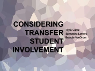 CONSIDERING
TRANSFER
STUDENT
INVOLVEMENT
Taylor Jantz
Samantha Lamere
Brandie VanOrder
 
