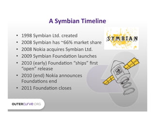 A	
  Symbian	
  Timeline	
  

•  1998	
  Symbian	
  Ltd.	
  created	
  
•  2008	
  Symbian	
  has	
  ~66%	
  market	
  sha...