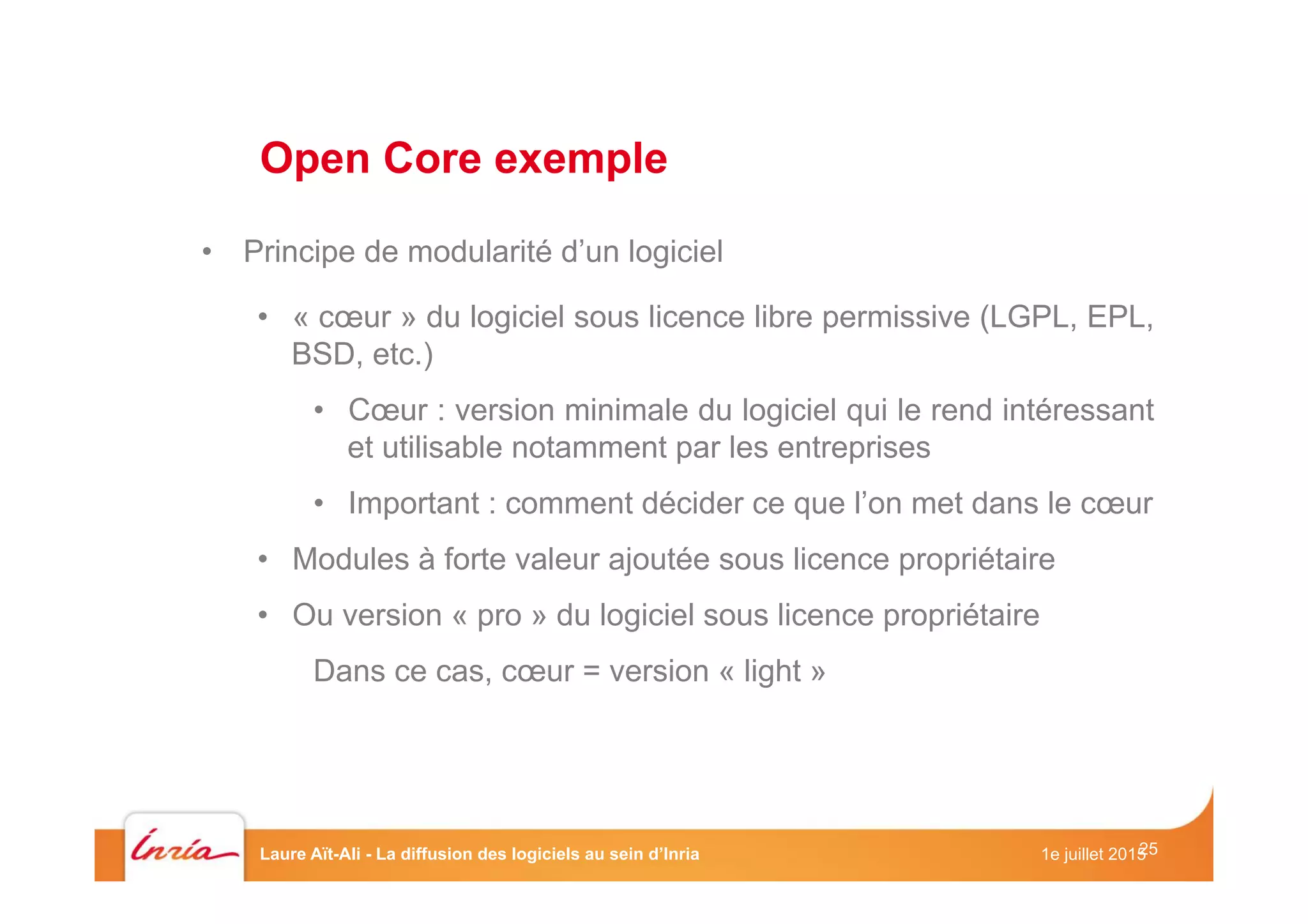 25
•  Principe de modularité d’un logiciel
•  « cœur » du logiciel sous licence libre permissive (LGPL, EPL,
BSD, etc.)
•  Cœur : version minimale du logiciel qui le rend intéressant
et utilisable notamment par les entreprises
•  Important : comment décider ce que l’on met dans le cœur
•  Modules à forte valeur ajoutée sous licence propriétaire
•  Ou version « pro » du logiciel sous licence propriétaire
Dans ce cas, cœur = version « light »
Open Core exemple
1e juillet 2015Laure Aït-Ali - La diffusion des logiciels au sein d’Inria
 
