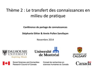 Thème 2 : Le transfert des connaissances en
milieu de pratique
Conférence de partage de connaissances
Stéphanie Ethier & Annie Pullen Sansfaçon
Novembre 2014
1
 