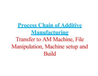 Process Chain of Additive
Manufacturing
Transfer to AM Machine, File
Manipulation, Machine setup and
Build
 