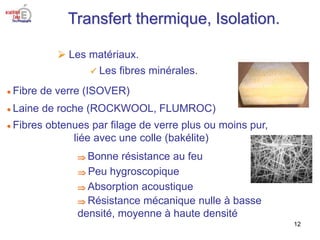 Transfert thermique, Isolation.
12
 Les matériaux.
 Les fibres minérales.
 Fibre de verre (ISOVER)
 Laine de roche (RO...