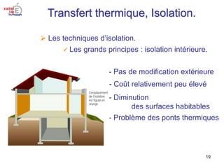 Transfert thermique, Isolation.
19
 Les techniques d’isolation.
 Les grands principes : isolation intérieure.
- Pas de m...