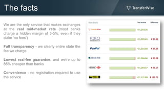 The facts
We are the only service that makes exchanges
at the real mid-market rate (most banks
charge a hidden margin of 3-5%, even if they
claim „no fees‟)

Full transparency - we clearly entire state the
fee we charge

Lowest real-fee guarantee, and we‟re up to
85% cheaper than banks

Convenience - no registration required to use
the service
 
