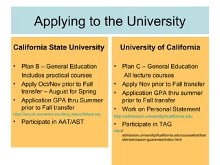 Applying to the University
California State University
• Plan B – General Education
Includes practical courses
• Apply Oct/Nov prior to Fall
transfer – August for Spring
• Application GPA thru Summer
prior to Fall transfer
https://secure.csumentor.edu/filing_status/Default.asp
• Participate in AAT/AST
University of California
• Plan C – General Education
All lecture courses
• Apply Nov prior to Fall transfer
• Application GPA thru summer
prior to Fall transfer
• Work on Personal Statement
http://admission.universityofcalifornia.edu
• Participate in TAG
http://
admission.universityofcalifornia.edu/counselors/tran
sfer/admission-guarantee/index.html
 