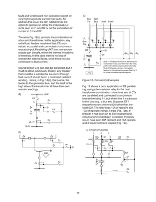 fault) and tend toward non-operation except for
very high magnitude transformer faults. To
address this issue, the BE1-CDS240 has the
option to restrain on either the individual cur-
rents seen in R1 and R2 or on the summation of
current in R1 and R2.
The relay Fig. 18(c) protects the combination of
a bus and transformer. In this application, any
radial load feeders may have their CTs con-
nected in parallel and connected to a common
restraint input. Paralleling of CTs on non-source
circuits can be safe, within the thermal limitations
of the relay. In this case there is no loss of
restraint for external faults, since these circuits
contribute no fault current.
Source circuit CTs can also be paralleled, but it
must be done judiciously. Ideally, any breaker
that could be a substantial source to through
fault current should be on a dedicated restraint
winding. Hence, in Fig. 18(c), the bus tie, the
feeder to the generator bus, and the lead to the
high side of the transformer all have their own
restraintwindings.
Figure 18 - Connection Examples
Fig. 19 shows a poor application of CT parallel-
ing, using a two-restraint relay for the bus/
transformer combination. Here three sets of CTs
are paralleled and connected to a common
restraint winding R1, but where line 1 is a source
to the bus (e.g., a bus tie). Suppose CT 1
misperforms and delivers 50A rather than the
ideal 60A. The relay sees 10A of restraint and
10A of operate; hence, it trips (Fig. 19b). If
breaker 1 had been on its own restraint and
circuits 2 and 3 had been in parallel, the relay
would have seen 60A restraint and 10A operate,
and it would not have tripped (Fig. 19c).
17
Note 1: CTs that are shown in delta may be
connected in wye, and then have the relay
performthedeltacompensationinternally.
Note 2:Relays are shown in simplistic
fashionforconceptualpurposes.SeeFig.3
formorecompleteinternaldiagram.
 