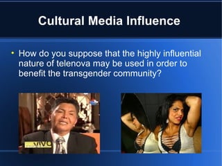 Cultural Media Influence  How do you suppose that the highly influential nature of telenova may be used in order to benefit the transgender community? 