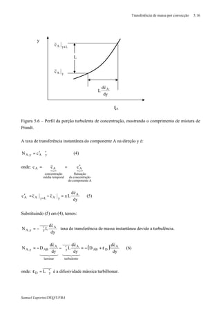 Transferência de massa por convecção 5.16
Samuel Luporini/DEQ/UFBA
Figura 5.6 – Perfil da porção turbulenta de concentração, mostrando o comprimento de mistura de
Prandt.
A taxa de transferência instantânea do componente A na direção y é:
yAy,A cN ϑ′′= (4)
onde:
{ {
Acomponentedo
ãoconcentraçda
flutuação
A
temporalmédia
ãoconcentraç
AA ccc ′+=
dy
cd
Lccc A
yALyAA ±=−=′ +
(5)
Substituindo (5) em (4), temos:
dy
cd
LN A
yy,A ϑ′−= taxa de transferência de massa instantânea devido a turbulência.
( )
dy
cd
D
dy
cd
L
dy
cd
DN A
DAB
turbulento
A
y
laminar
A
ABy,A ε+−=ϑ′−−=
4342143421
(6)
onde: yD Lϑ′=ε é a difusividade mássica turbilhonar.
L
LyAc +
yAc
dy
cd
L A
y
ξA
 