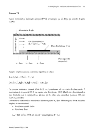 Correlações para transferência de massa convectiva 7.4
Samuel Luporini/DEQ/UFBA
Exemplo 7.1
Reator horizontal de deposição química (CVD): crescimento de um filme de arsenito de gálio
(GaAs)
Reações simplificadas que ocorrem na superfície de silício:
( ) ( ) ( )
( ) ( ) ( ) ( ) ( )gCH6sGa2gH3gCHGa2
gH3sAs2gHA2
4233
23s
+→+
+→
No presente processo, a placa de silício de 10 cm é posicionada a 4 cm a partir da placa quente. A
temperatura do processo é 800 K e a pressão total do sistema é 101,3 KPa (1 atm). Considerando o
caso limitante onde o escoamento do gás rico em H2 esta a uma velocidade media de 100 cm/s
(Ga(CH3)3 diluído).
Determinar o coeficiente de transferência de massa global (kc) para o trimetil gálio em H2 no centro
da placa de silício usando:
a) A teoria da camada limite.
b) A teoria do filme
DAB = 1,55 cm2
/s a 800 K e 1 atm (A = trimetil gálio e B = H2)
Distribuidordegás
Alimentação de gás
Gás de alimentação:
H2 + Ga(CH3)3 + AsH3
Placa de silício de 10 cm
Placa aquecida
(susceptor)
x = 0 cm x = 4 cm x = 9 cm
 