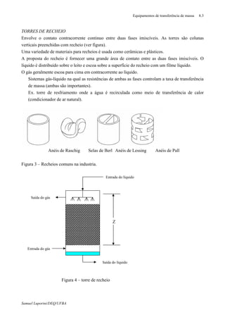 Equipamentos de transferência de massa 8.3
Samuel Luporini/DEQ/UFBA
TORRES DE RECHEIO
Envolve o contato contracorrente continuo entre duas fases imiscíveis. As torres são colunas
verticais preenchidas com recheio (ver figura).
Uma variedade de materiais para recheios é usada como cerâmicas e plásticos.
A proposta do recheio é fornecer uma grande área de contato entre as duas fases imiscíveis. O
líquido é distribuído sobre o leito e escoa sobre a superfície do recheio com um filme líquido.
O gás geralmente escoa para cima em contracorrente ao líquido.
⇒ Sistemas gás-líquido na qual as resistências de ambas as fases controlam a taxa de transferência
de massa (ambas são importantes).
⇒ Ex. torre de resfriamento onde a água é recirculada como meio de transferência de calor
(condicionador de ar natural).
Anéis de Raschig Selas de Berl Anéis de Lessing Anéis de Pall
Figura 3 – Recheios comuns na industria.
Figura 4 – torre de recheio
Saída do líquido
Entrada do líquido
Entrada do gás
Saída do gás
Z
 