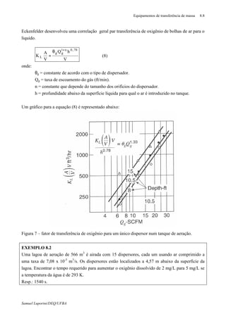 Equipamentos de transferência de massa 8.8
Samuel Luporini/DEQ/UFBA
Eckenfelder desenvolveu uma correlação geral par transferência de oxigênio de bolhas de ar para o
liquido.
V
hQ
V
A
K
78,0n1
gg
L
+
θ
= (8)
onde:
θg = constante de acordo com o tipo de dispersador.
Qg = taxa de escoamento do gás (ft/min).
n = constante que depende do tamanho dos orifícios do dispersador.
h = profundidade abaixo da superfície líquida para qual o ar é introduzido no tanque.
Um gráfico para a equação (8) é representado abaixo:
Figura 7 – fator de transferência de oxigênio para um único dispersor num tanque de aeração.
EXEMPLO 8.2
Uma lagoa de aeração de 566 m3
é airada com 15 dispersores, cada um usando ar comprimido a
uma taxa de 7,08 x 10-3
m3
/s. Os dispersores estão localizados a 4,57 m abaixo da superfície da
lagoa. Encontrar o tempo requerido para aumentar o oxigênio dissolvido de 2 mg/L para 5 mg/L se
a temperatura da água é de 293 K.
Resp.: 1540 s.
 
