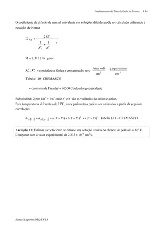 Fundamentos de Transferência de Massa 1.14
Samuel Luporini/DEQ/UFBA
O coeficiente de difusão de um sal univalente em soluções diluídas pode ser calculado utilizando a
equação de Nernst
eequivalentCoulumbs/g96500Faradaydeconstante
CREMASCO-1.10Tabela
cm
eequivalentg
cm
voltAmp
zeroãoconcentraçaiônicaacondutânci,
gmol.K/J316,8R
11
RT2
D
33
oo
2
oo
AB
==ℑ












=λλ
=
ℑ








λ
+
λ
=
−+
−+
Substituindo 2 por 1/n+
+ 1/n-
onde n+
e n-
são as valências do cátion e anion.
Para temperaturas diferentes de 25o
C, estes parâmetros podem ser estimados a partir da seguinte
correlação:
( ) ( )
32
C25iTCiT
)25T(c)25T(b)25T(aoo −+−+−+λ=λ Tabela 1.11 – CREMASCO
Exemplo 10: Estimar o coeficiente de difusão em solução diluída do cloreto de potássio a 30o
C.
Comparar com o valor experimental de 2,233 x 10-5
cm2
/s.
 