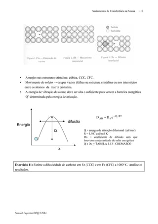 Fundamentos de Transferência de Massa 1.16
Samuel Luporini/DEQ/UFBA
• Arranjos nas estruturas cristalina: cúbica, CCC, CFC.
• Movimento do soluto → ocupar vazios (falhas na estrutura cristalina ou nos interstícios
entre os átomos da matriz cristalina.
• A energia de vibração do átomo deve ser alta o suficiente para vencer a barreira energética
‘Q’ determinada pela energia de ativação.
Exercício 11: Estime a difusividade do carbono em Fe (CCC) e em Fe (CFC) a 1000º C. Analise os
resultados.
Q
difusão
z
Energia
RTQ
oAB eDD −
=
Q = energia de ativação difusional (cal/mol)
R = 1,987 cal/mol K
Do = coeficiente de difusão sem que
houvesse a necessidade de salto energético
Q e Do = TABELA 1.13 - CREMASCO
 