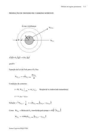 Difusão em regime permanente 3.11
Samuel Luporini/DEQ/UFBA
PRODUÇÃO DE DIOXIDO DE CARBONO SOMENTE
( ) ( ) ( )gCOgOsC 22 →+
quadro
Equação da Lei de Fick para o O2 fica:
dr
dy
cDN 2
22
O
misOr,O −−=
Condições de contorno:
r = R, a)instantâne(nãoordem1a.deReaçãockN sOsRrO 22
⇒−=
=
r = ∞, yO2 = yO2∞
Solução: ( )sOOmisOr,O
2
2222
yycD
R
1
Nr −−=





∞−
Como ( )rO
2
2O 22
Nr4tempopelodotransferiOdeMolesW π==
( )sOOmisOO 2222
yyRcD4W −π−= ∞−
C
R
r∆r
NCO2,r
NO2,r
Ar nas vizinhanças
 