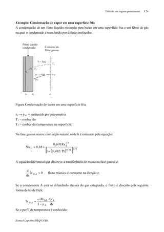 Difusão em regime permanente 3.24
Samuel Luporini/DEQ/UFBA
Exemplo: Condensação de vapor em uma superfície fria
A condensação de um filme liquido escoando para baixo em uma superfície fria e um filme de gás
na qual o condensado é transferido por difusão molecular.
Figura Condensação de vapor em uma superfície fria.
z1 → yA1 = conhecido por psicometria
T1 = conhecido
T3 = conhecida (temperatura na superfície)
Na fase gasosa ocorre convecção natural onde h é estimado pela equação:
( )[ ] 94169
41
L
L
Pr/492,01
Ra670,0
68,0Nu
+
+=
A equação diferencial que descreve a transferência de massa na fase gasosa é:
0N
dz
d
z,A = ⇒ fluxo mássico é constante na direção z.
Se o componente A esta se difundindo através do gás estagnado, o fluxo é descrito pela seguinte
forma da lei de Fick:
dz
dy
y1
cD
N A
A
AB
z,A
−
−
=
Se o perfil de temperatura é conhecido:
Filme líquido
condensado Contorno do
filme gasoso
T1
T2
T3
T = T(z)
yA1
yA2
yA= yA(z)
z3 z2 z1
 
