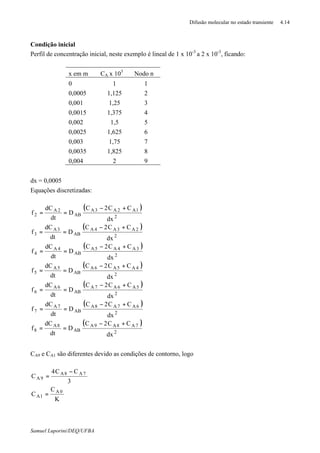 Difusão molecular no estado transiente 4.14
Samuel Luporini/DEQ/UFBA
Condição inicial
Perfil de concentração inicial, neste exemplo é lineal de 1 x 10-3
a 2 x 10-3
, ficando:
x em m CA x 103
Nodo n
0 1 1
0,0005 1,125 2
0,001 1,25 3
0,0015 1,375 4
0,002 1,5 5
0,0025 1,625 6
0,003 1,75 7
0,0035 1,825 8
0,004 2 9
dx = 0,0005
Equações discretizadas:
( )
( )
( )
( )
( )
( )
( )
2
7A8A9A
AB
8A
8
2
6A7A8A
AB
7A
7
2
5A6A7A
AB
6A
6
2
4A5A6A
AB
5A
5
2
3A4A5A
AB
4A
4
2
2A3A4A
AB
3A
3
2
1A2A3A
AB
2A
2
dx
CC2C
D
dt
dC
f
dx
CC2C
D
dt
dC
f
dx
CC2C
D
dt
dC
f
dx
CC2C
D
dt
dC
f
dx
CC2C
D
dt
dC
f
dx
CC2C
D
dt
dC
f
dx
CC2C
D
dt
dC
f
+−
==
+−
==
+−
==
+−
==
+−
==
+−
==
+−
==
CA9 e CA1 são diferentes devido as condições de contorno, logo
K
C
C
3
CC4
C
0A
1A
7A8A
9A
=
−
=
 