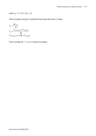 Difusão molecular no estado transiente 4.15
Samuel Luporini/DEQ/UFBA
onde CA0 = 6 x 10-3
e K = 1,5
Neste exemplo usaremos o método de Euler para discretizar o tempo:
( ) ( )
( ) ( )j2A21j2A
j2A1j2A
2
2A
2
CtfC
t
CC
f
dt
dC
f
+∆=
∆
−
=
=
+
+
Neste exemplo ∆t = 1 s e j é o numero de tempos.
 
