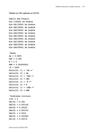 Difusão molecular no estado transiente 4.17
Samuel Luporini/DEQ/UFBA
Módulo em VBA aplicado ao EXCEL
Public Sub Ptran()
Dim t(3000) As Double
Dim CA1(3000) As Double
Dim CA2(3000) As Double
Dim CA3(3000) As Double
Dim CA4(3000) As Double
Dim CA5(3000) As Double
Dim CA6(3000) As Double
Dim CA7(3000) As Double
Dim CA8(3000) As Double
Dim CA9(3000) As Double
'Dados
dx = 0.0005
CA0 = 0.006
K = 1.5
DAB = 0.000000001
tf = 2500
Cells(12, 1) = "dx ="
Cells(12, 2) = dx
Cells(13, 1) = "CA0 ="
Cells(13, 2) = CA0
Cells(14, 1) = "K ="
Cells(14, 2) = K
Cells(15, 1) = "DAB ="
Cells(15, 2) = DAB
'Condições iniciais
t(0) = 0
CA1(0) = 0.001
CA2(0) = 0.001125
CA3(0) = 0.00125
CA4(0) = 0.001375
CA5(0) = 0.0015
CA6(0) = 0.001625
CA7(0) = 0.00175
 