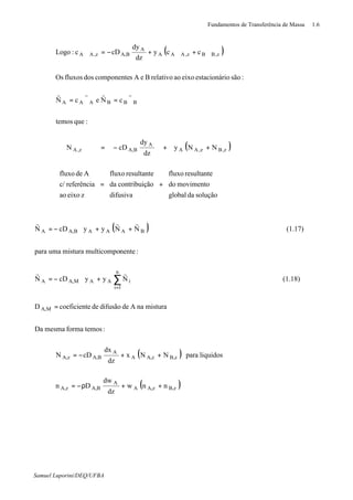 Fundamentos de Transferência de Massa 1.6
Samuel Luporini/DEQ/UFBA
( )
:quetemos
cNecN
:sãoioestacionáreixoaorelativoBeAscomponentedosfluxosOs
ccy
dz
dy
cDc:Logo
BBBAAA
z,BBz,AAA
A
BA,z,AA
ϑ=ϑ=
ϑ+ϑ+−=ϑ
rrrr
( )










+










=










++−=
soluçãodaglobal
movimentodo
resultantefluxo
difusiva
ãocontribuiçda
resultantefluxo
zeixoao
referênciac/
Adefluxo
NNy
dz
dy
cDN z,Bz,AA
A
BA,z,A
( )
:temosformamesmaDa
misturanaAdedifusãodeecoeficientD
(1.18)NyycDN
:nentemulticompomisturaumapara
(1.17)NNyycDN
MA,
n
1i
iAAMA,A
BAAABA,A
=
+∇−=
++∇−=
∑
=
rr
rrr
( )
( )B,zA,zA
A
A,BA,z
B,zA,zA
A
A,BA,z
nnw
dz
dw
Dn
liquidosparaNNx
dz
dx
cDN
++ρ−=
++−=
 