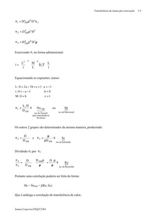Transferência de massa por convecção 5.5
Samuel Luporini/DEQ/UFBA
µρ=π
ϑρ=π
ρ=π
ihg
AB3
fed
AB2
c
cba
AB1
DD
DD
kDD
Escrevendo π1 na forma adimensional:
( ) 



















=
t
L
L
L
M
t
L
1 c
ba2
Equacionando os expoentes, temos:
1c
0b
1a
b0:M
1a0:t
1cb3a20:L
=
=
−=





=
−−=
++−=
{
Sherwooddeno.
massade
nciatransferêpara
Nusseltdeno.
AB
AB
c
1 ShouNu
D
Dk
321
≡=π
Os outros 2 grupos são determinados da mesma maneira, produzindo:
{
Schimidtdeno.AB
3
AB
2 Sc
D
e
D
D
≡
ρ
µ
=π
ϑ
=π
Dividindo π2 por π3:
{
Reynoldsdeno.
AB
AB3
2
Re
DD
D
D
≡
µ
ϑρ
=





µ
ρ





 ϑ
=
π
π
Portanto uma correlação poderia ser feita da forma:
Sh = NuAB = f(Re, Sc)
Que é análoga a correlação de transferência de calor,
 